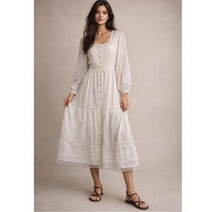 Caroline Constas White Crochet Lace Tiered Cotton Maxi Dress
